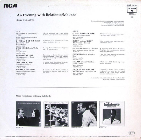 Belafonte* / Makeba* - An Evening With Belafonte/Makeba (LP, Album, RP)