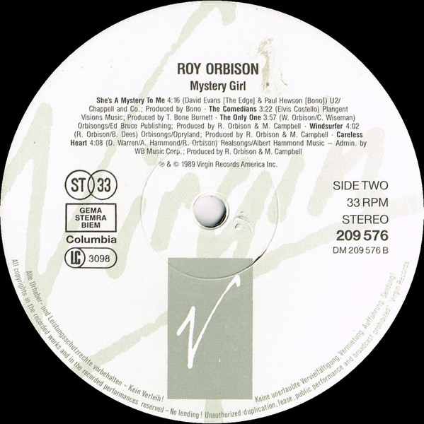 Roy Orbison - Mystery Girl (LP, Album, Whi)