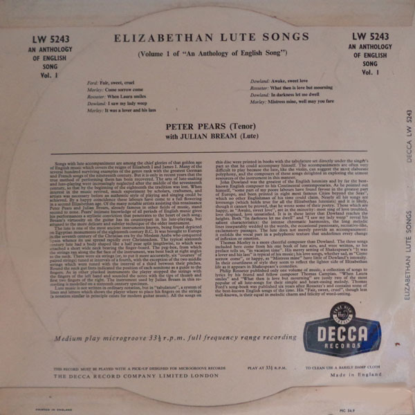 Peter Pears With Julian Bream - Elizabethan Lute Songs - Vol. 1 Of An Anthology Of English Song (10