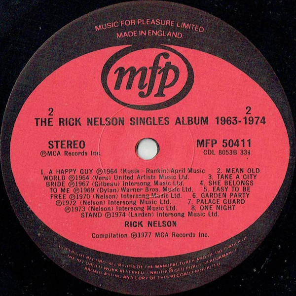 Rick Nelson* - The Rick Nelson Singles Album 1963-1974 (LP, Comp, RE)