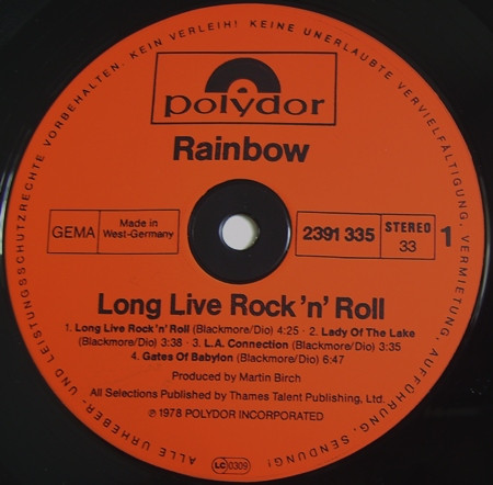 Rainbow - Long Live Rock 'N' Roll (LP, Album, Gat)