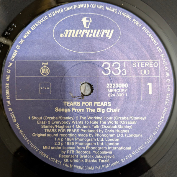 Tears For Fears - Songs From The Big Chair (LP, Album)