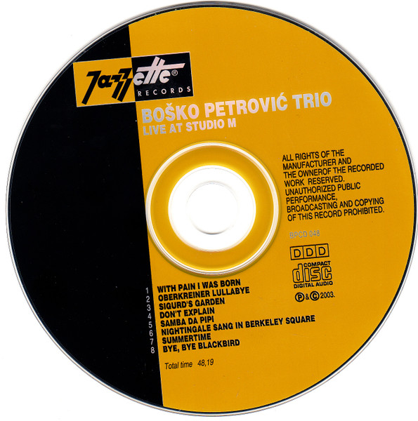 Boško Petrović Trio* - Live At Studio M (CD)