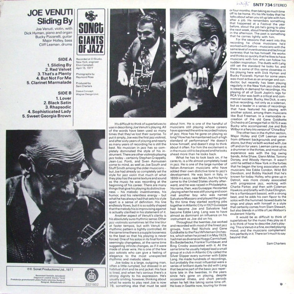 Joe Venuti With Dick Hyman & Bucky Pizzarelli - Sliding By (LP, Album)