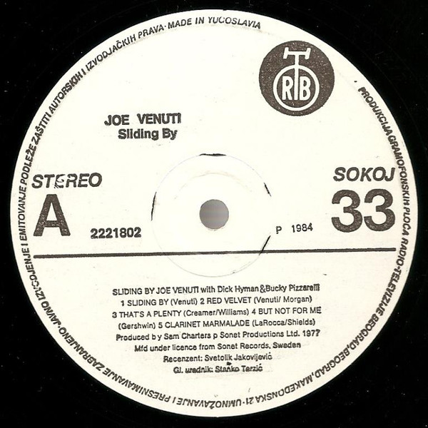 Joe Venuti With Dick Hyman & Bucky Pizzarelli - Sliding By (LP, Album)