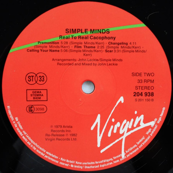 Simple Minds - Real To Real Cacophony (LP, Album, RE)